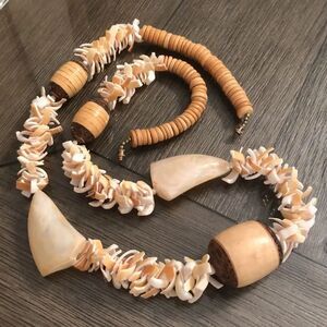 Vintage Shell and Wood Bead Necklace Tropical Vibe